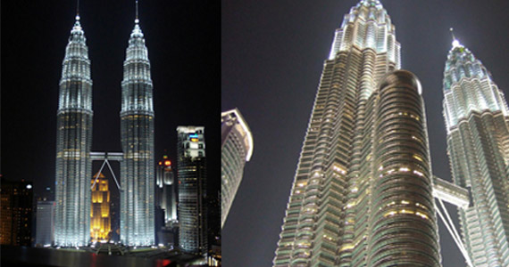 Kapitel: »Selamat Datang – Ankunft in Kuala Lumpur«, Seite 15 – 17 … Kuala Lumpur by night: Wie zwei gewaltige, plastische Stehlampen wirken die Petronas Twin Towers bei Nacht.